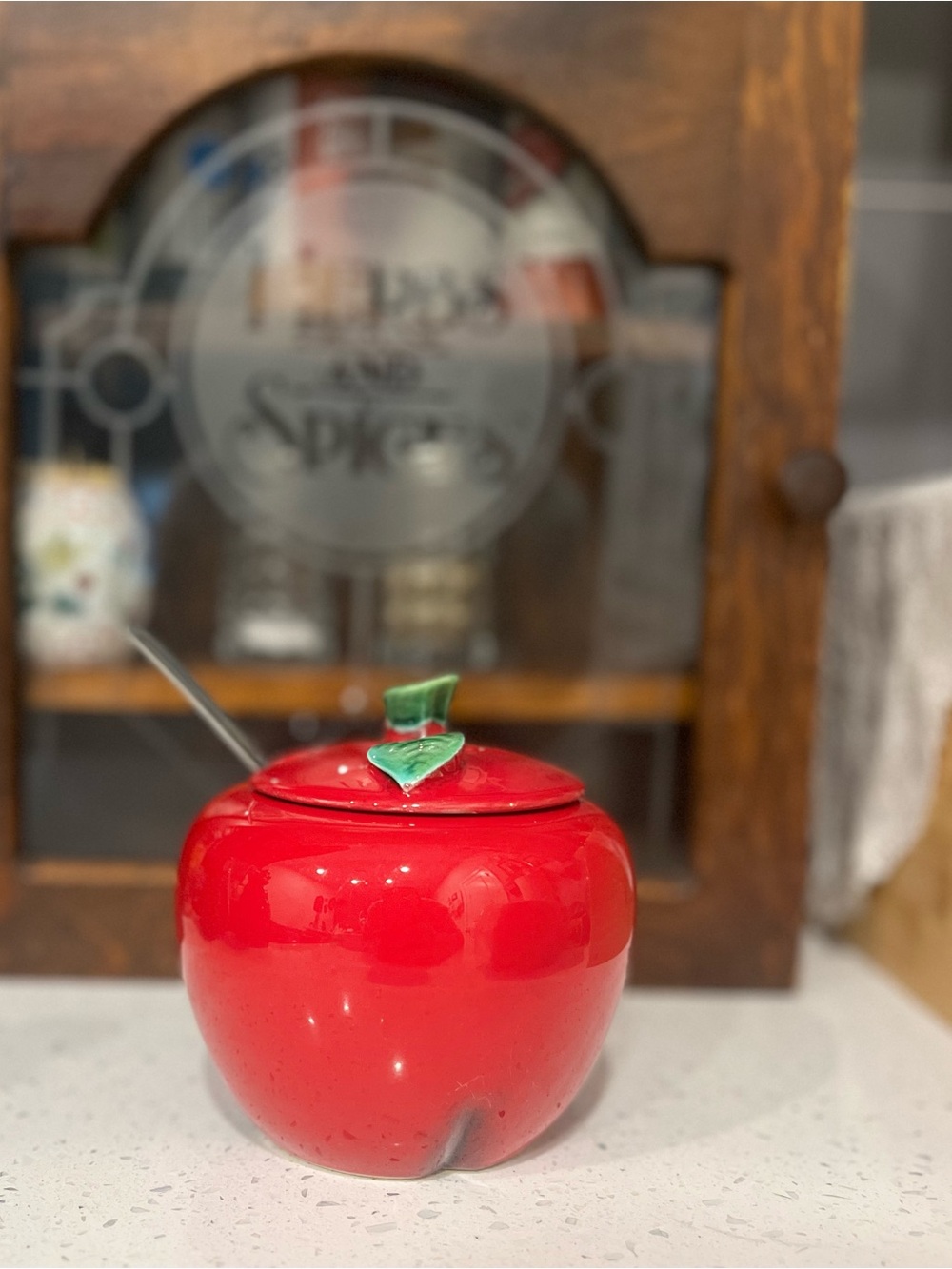 Vintage Red Apple Ceramic Sugar Bowl with Lid and Spoon